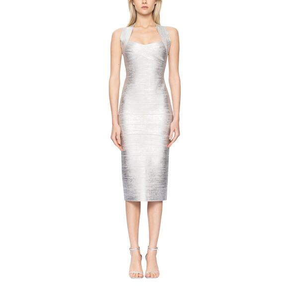 HERVï¿½ Lï¿½GER Dresses & Skirts - Herve Leger Sleek Silver Halter Crossback Midi Size L Dress NWT